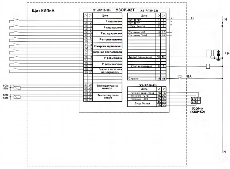 "Схема подключения устройства защиты  и регулирования Узор-02Т"